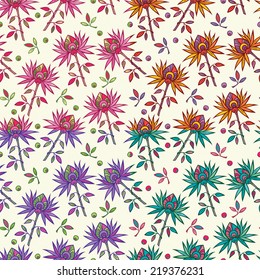 Bright colorful flowers on light beige background. Seamless  floral vector design. Exotic pattern. 