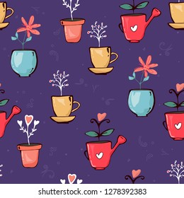 Bright colorful flowers potted plants seamless pattern texture. doodle leaves hearts on purple background. Vector design illustration for textile, fabric, fashion. hand drawing