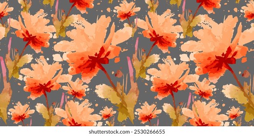 Bright colorful flowers vector seamless pattern. Hand drawn watercolor paint illustration with abstract floral motif Hand drawn painting for your fabric, wrapping paper, wallpaper. Eps 10 Unique print