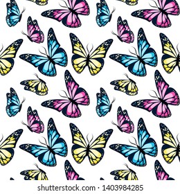 Bright colorful flying butterflies seamless pattern on white background. Vector illustration. 