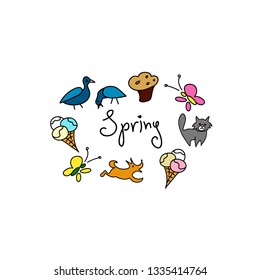 Bright colorful frame with spring nature and dessert elements