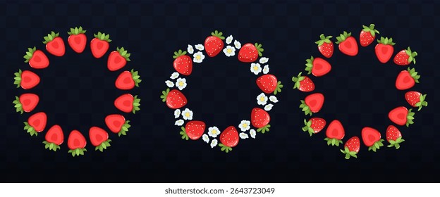 Quadros coloridos brilhantes com bagas e flores de morango. Amadurecer bagas inteiras suculentas e bagas em uma seção. Arredondar quadros com espaço para texto para o design de artigos de papelaria, embalagem.