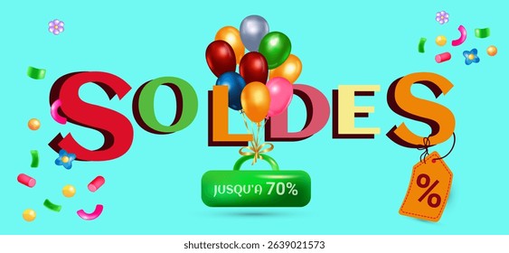 Bright Colorful French Sale Banner with colored word SOLDES, discount percentage tags, colorful 3D balloons tied to a bag on a light blue background. For promotions and marketing, web. Vector image.