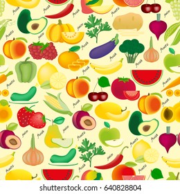Bright colorful fruits and vegetables seamless pattern. 