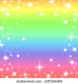 Bright and colorful funny background with stars and light sparkles. Rainbow meme backdrop. Vector illustration for your graphic design.