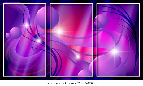 Bright colorful futuristic triptych in pink tones. Spheres of different sizes, overlapping wavy stripes and smooth shapes, highlights and glows. Three images in white thin frames. Vector. 