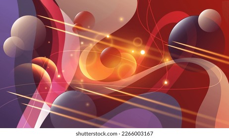 Bright colorful futuristic wallpaper. Brilliant spheres, meteorites, lights, intertwining wavy lines against a backdrop of overlapping abstract shapes and mixing colors. Vector.