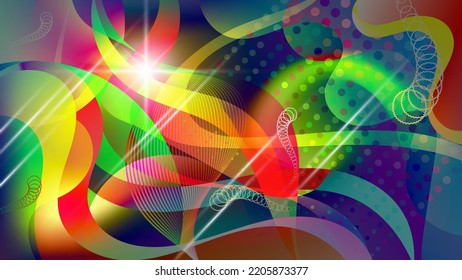 Bright colorful futuristic wallpaper. A flash of light, spiral objects, glare, glow against the background of chaotically overlapping abstract shapes, wavy stripes, an array of circles. Vector.
