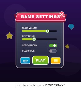 El panel de Configuraciones de juego brillante y colorido muestra el volumen de la música y los reguladores de volumen del EFECTOS DE SONIDO. Guardar También se muestran las opciones para notificaciones y la nube. Ideal para el diseño de juegos móviles.
