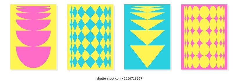 Bright and colorful geometric illustrations that feature vivid shapes along with engaging and dynamic designs
