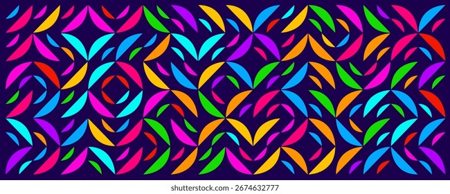 Diseño de fondo vibrante de la teja de las Formas para la cubierta alegre del festival, cartel, fondo creativo, Fondos de pantalla vibrantes del carnaval, impresión textil, diseño digital. VECTOR BG