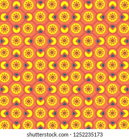 bright colorful geometric repeating pattern in orange, red, and yellow with rhombuses, circles and floral elements, cute pattern for textile, fabric, wallpaper, backdrop & background. swatch at eps. 