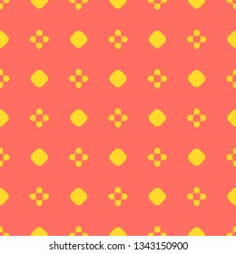 Bright colorful geometric seamless pattern. Simple vector abstract texture with small floral shapes, circles, dots. Coral and yellow color. Stylish minimalist funky background. Modern repeat design