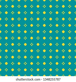 Bright colorful geometric seamless pattern. Simple vector abstract texture with small floral shapes, circles, dots. Turquoise and yellow color. Stylish minimalist funky background. Repeatable design