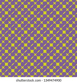 Bright colorful geometric seamless pattern. Simple vector abstract texture with small squares, crosses, circles. Purple and lime green color. Funky minimal background. Modern repeat decorative design