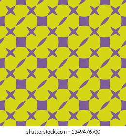 Bright colorful geometric seamless pattern. Simple vector abstract texture with squares, crosses, circles. Purple and lime green color. Minimalist funky background. Modern repeat decorative design