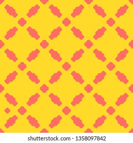 Bright colorful geometric seamless pattern. Simple vector abstract texture with small floral shapes, crosses, dots, grid. Coral and yellow color. Minimalist funky background. Modern repeating design