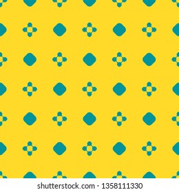 Bright colorful geometric seamless pattern. Simple vector abstract texture with small floral shapes, circles, dots. Yellow and turquoise color. Stylish minimalist funky background. Repeatable design