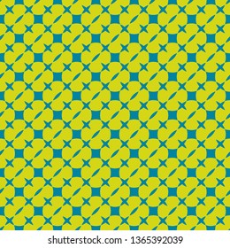 Bright colorful geometric seamless pattern. Simple vector abstract texture with small squares, crosses, circles. Turquoise and lime green color. Minimalist funky background. Stylish modern design