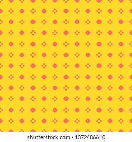 Bright colorful geometric seamless pattern. Simple vector abstract texture with small floral shapes, circles, dots. Coral and yellow color. Stylish minimalist funky background. Cute repeated design
