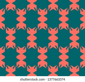 Bright colorful geometric seamless pattern. Simple vector abstract texture. Dark green and coral color. Modern background in traditional ethnic style, folk motif. Funky repeat decorative design
