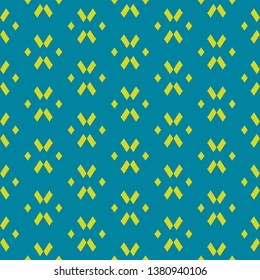 Bright colorful geometric seamless pattern. Simple vector abstract texture with small shapes, crosses, lines. Traditional ethnic motif. Teal green and lime color. Minimalist funky repeat background