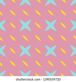 Bright colorful geometric seamless pattern. Simple vector abstract texture with small shapes, crosses, lines. Pink, yellow and blue color. Minimalist funky repeat background. Cute summer style design