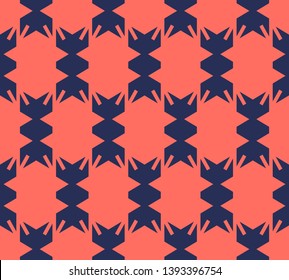 Bright colorful geometric seamless pattern. Simple vector abstract texture. Dark blue and living coral color. Modern background in traditional ethnic style, folk motif. Funky repeat decorative design