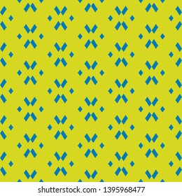 Bright colorful geometric seamless pattern. Simple vector abstract texture with small shapes, crosses, lines. Traditional ethnic motif. Lime green and blue color. Minimalist funky repeat background