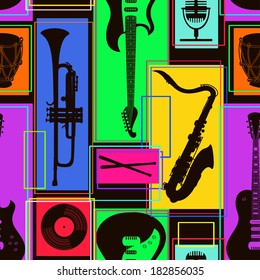 Bright colorful geometric seamless pattern of musical instruments