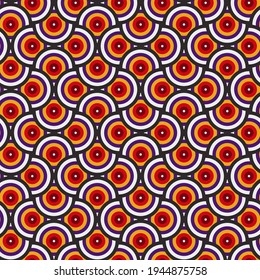 bright colorful geometric seamless pattern. overlapping striped circles are arranged in a specific order on a white background. vector 