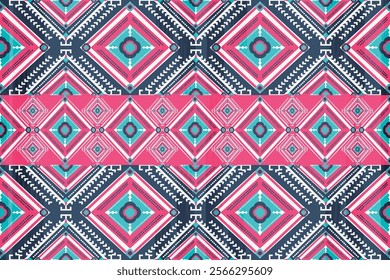Bright and colorful geometric seamless pattern in pink and blue tones with tribal elements. Perfect for digital wallpapers, craft projects, and scrapbook designs