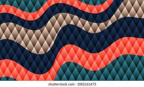 bright colorful geometric wallpaper. a translucent surface made of rhombuses against a background of multi-colored wavy stripes. vector