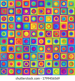 Bright Colorful Geometrical Universal Abstract Seamless Pattern of Gradient Squares and Circles. 
Universal Colored Continuous Background of Simple Geometric Figures.
