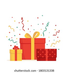 Bright colorful gift boxes decorated with serpentine and confetti isolated on white background. Concept vector illustration of gifts for new year, christmas, birthday, valentine's day