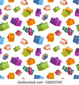 A lot of bright colorful gift boxes on white background, many presents seamless pattern.