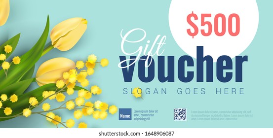 Helle Farbige Geschenkgutscheine-Vorlage mit gelben Tulpen und Mimosa-Blume. Frühlingshintergründe. Vektorillustration