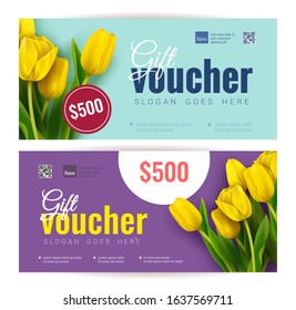 Bright Colorful Gift Voucher Templates with Yellow Tulips. Spring backgrounds. Vector illustration