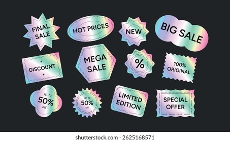 Colorido brilhante adesivos gradiente com textos venda final, grande venda, preços quentes, desconto, até 50 por cento de desconto, novo, edição limitada, oferta especial. Modelo de vetor.