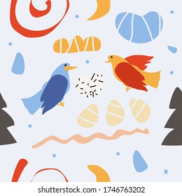 Bright colorful graphic floral pattern with birds in love in a hand-drawn style. Seamless pattern with birds and figures