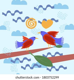 Bright colorful graphic floral pattern with birds in love in a hand-drawn style. Seamless pattern with birds and figures
