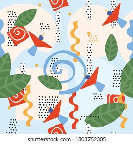 Bright colorful graphic floral pattern with birds in love in a hand-drawn style. Seamless pattern with birds and figures