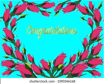 bright, colorful greeting cards of pink rosebuds, laid out in the form of heart. congratulations for different holidays