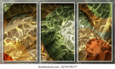 Bright colorful grunge triptych. Abstract colorful chaotic overlapping of broken and swirling stripes and mixing colors. Three images in white thin frames. Author's work. Vector.
