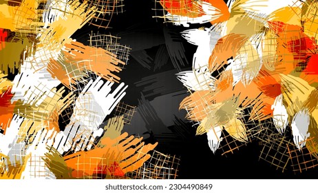 Bright colorful grunge wallpaper. Hot colors chaotic brush strokes on a black textured background. Grunge texture. Template for your projects. Vector.