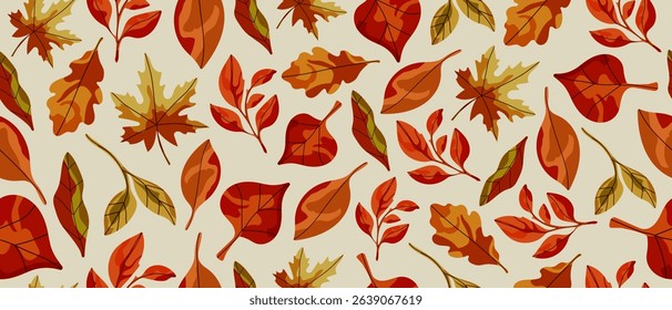 Bright colorful hand drawn autumn leaves, seamless background. Autumn leaf fall. Vector.