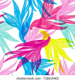 Bright Colorful Hand Drawn Exotic Flowers Seamless Pattern 