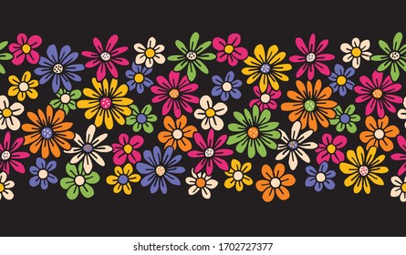 Bright Colorful Hand Drawn Felt Tip Pen Daisies on Dark Background Floral Vector Seamless Horiozontal Pattern Border. Orange Pink Yellow Flowers Design. Bold Large Vintage Blooms Fashion, Textile