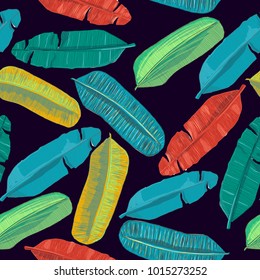 Bright and colorful hand drawn hawaiian tropical palm and banana leaves seamless pattern vector