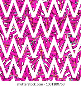 Bright and colorful hand drawn hawaiian tropical palm and banana leaves with retro geometric design seamless pattern vector